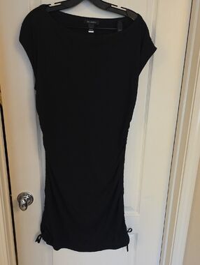 St. John Black Cap-Sleeve Ruched Side Tie Dress